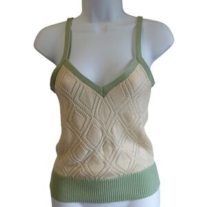 Vintage 70s Majestic Cream Green Diamond Knit Tank Top Crochet Cami Retro Medium